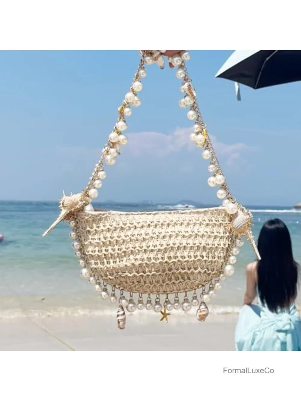 Woven Straw Shoulder Bag with Pearl Handle Beach Vacation Purse